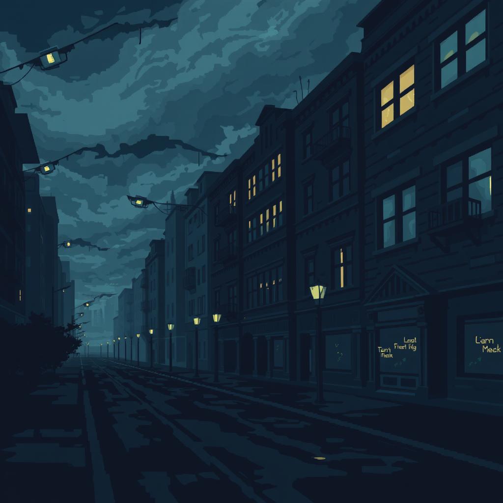 A dark pixel art scene depicting a gloomy city with panel buildings lining the streets