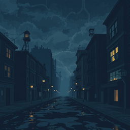 A dark pixel art scene depicting a gloomy city with panel buildings lining the streets