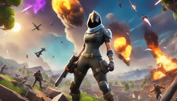 A Fortnite character in full battle gear stands amidst a chaotic battlefield in this 32k HD digital art piece designed for a YouTube thumbnail