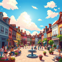 A vibrant pixel art scene depicting a bustling city made of panel houses