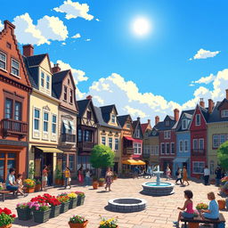 A vibrant pixel art scene depicting a bustling city made of panel houses