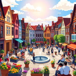 A vibrant pixel art scene depicting a bustling city made of panel houses