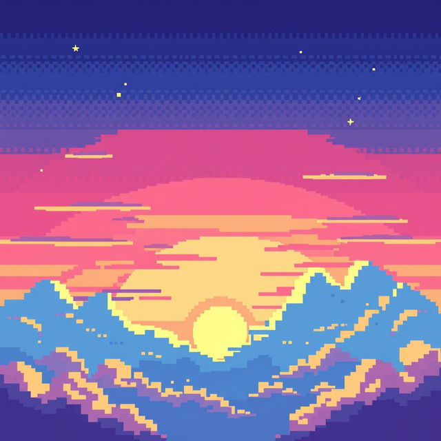 A captivating pixel art depiction of a vibrant sky, featuring a gradient of colors ranging from deep blue at the top, transitioning into pink and orange hues as it approaches the horizon