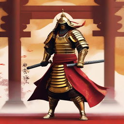 Generate an image of a royal samurai, resplendent in gold and red armor