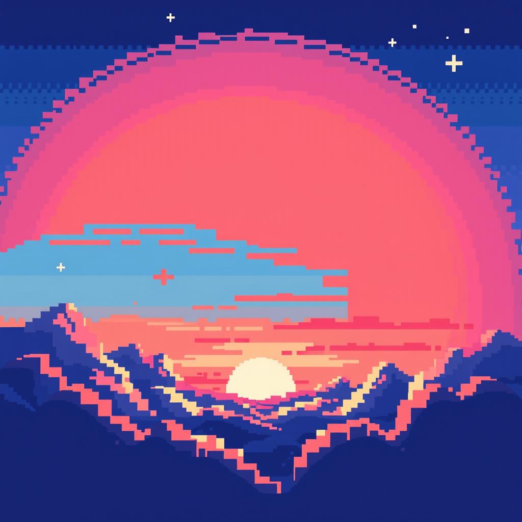 A captivating pixel art depiction of a vibrant sky, featuring a gradient of colors ranging from deep blue at the top, transitioning into pink and orange hues as it approaches the horizon