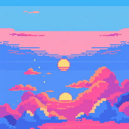 A captivating pixel art depiction of a vibrant sky, featuring a gradient of colors ranging from deep blue at the top, transitioning into pink and orange hues as it approaches the horizon