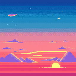 A captivating pixel art depiction of a vibrant sky, featuring a gradient of colors ranging from deep blue at the top, transitioning into pink and orange hues as it approaches the horizon