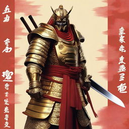 Generate an image of a royal samurai, resplendent in gold and red armor