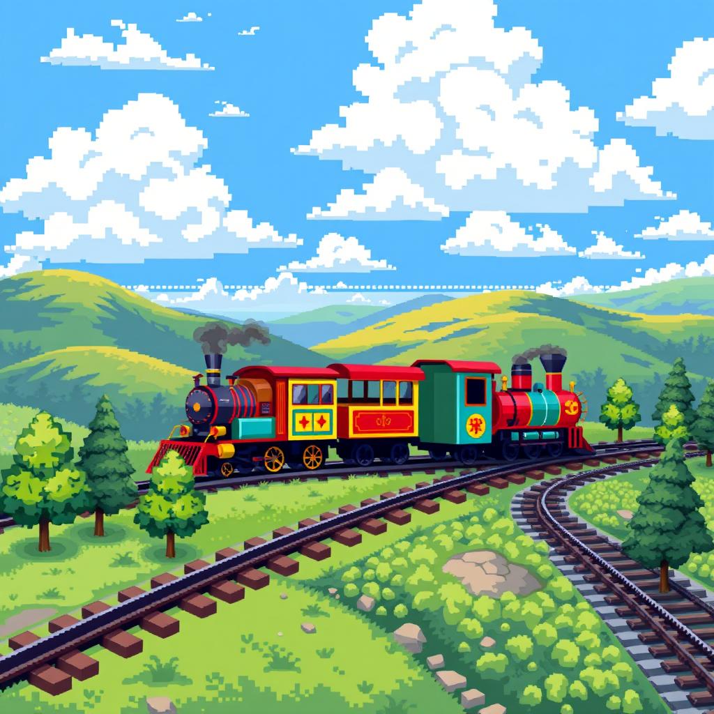 A vibrant pixel art scene featuring a colorful train traversing through a picturesque landscape