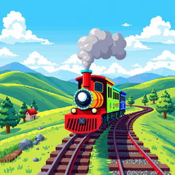 A vibrant pixel art scene featuring a colorful train traversing through a picturesque landscape