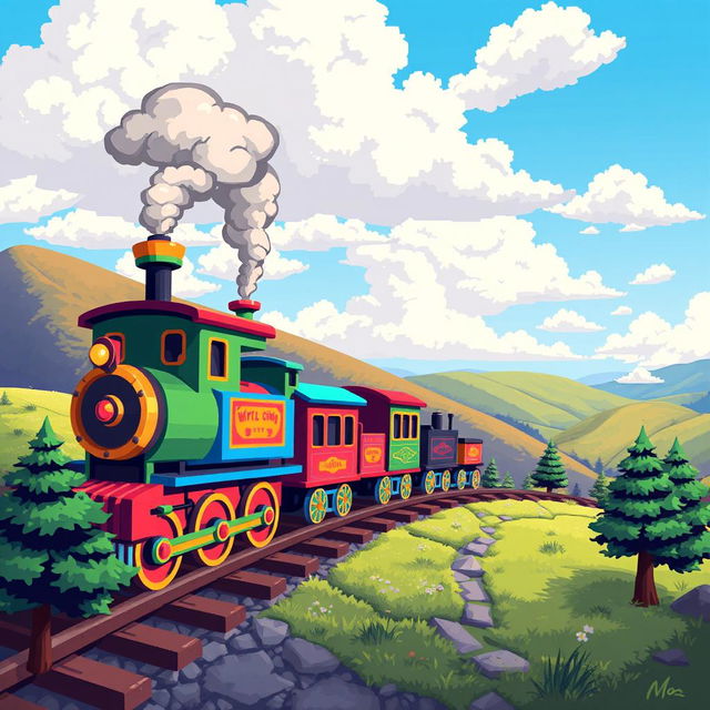 A vibrant pixel art scene featuring a colorful train traversing through a picturesque landscape