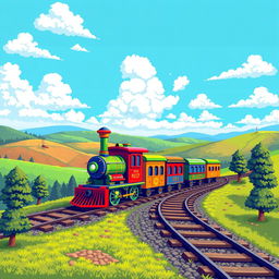 A vibrant pixel art scene featuring a colorful train traversing through a picturesque landscape