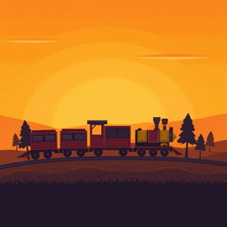 A pixel art representation of a train set against a warm-toned background, showcasing rich yellows, oranges, and subtle reds