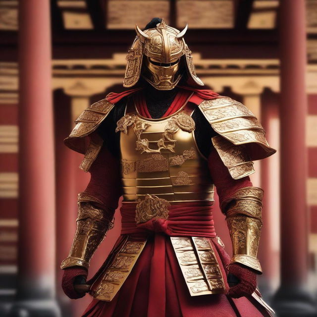 Generate an image of a royal samurai, resplendent in gold and red armor