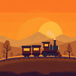 A pixel art representation of a train set against a warm-toned background, showcasing rich yellows, oranges, and subtle reds