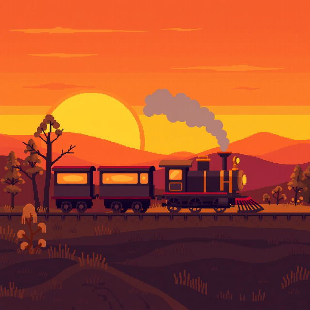 A pixel art representation of a train set against a warm-toned background, showcasing rich yellows, oranges, and subtle reds