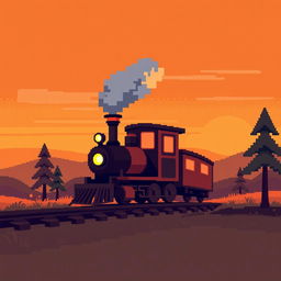 A pixel art representation of a train set against a warm-toned background, showcasing rich yellows, oranges, and subtle reds