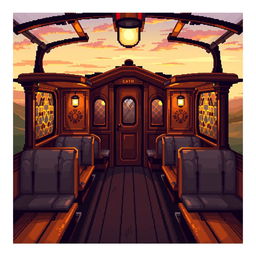 Pixel art of a warm-toned train carriage, featuring detailed pixelated textures that showcase wooden paneling and cozy interior elements