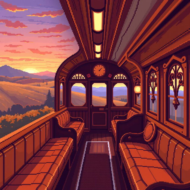 Pixel art of a warm-toned train carriage, featuring detailed pixelated textures that showcase wooden paneling and cozy interior elements