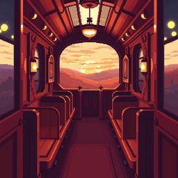 Pixel art of a warm-toned train carriage, featuring detailed pixelated textures that showcase wooden paneling and cozy interior elements