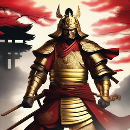 Generate an image of a royal samurai, resplendent in gold and red armor