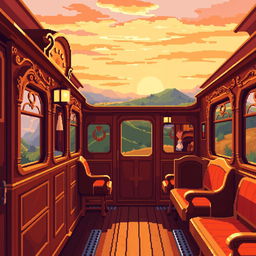 Pixel art of a warm-toned train carriage, featuring detailed pixelated textures that showcase wooden paneling and cozy interior elements