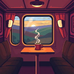 A vibrant pixel art train car interior featuring a cozy table with a steaming mug placed on it