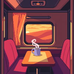 A vibrant pixel art train car interior featuring a cozy table with a steaming mug placed on it
