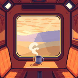 A vibrant pixel art train car interior featuring a cozy table with a steaming mug placed on it