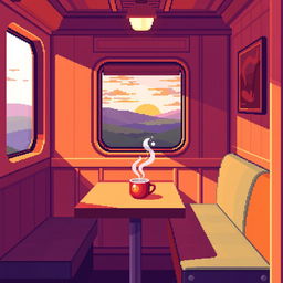 A vibrant pixel art train car interior featuring a cozy table with a steaming mug placed on it