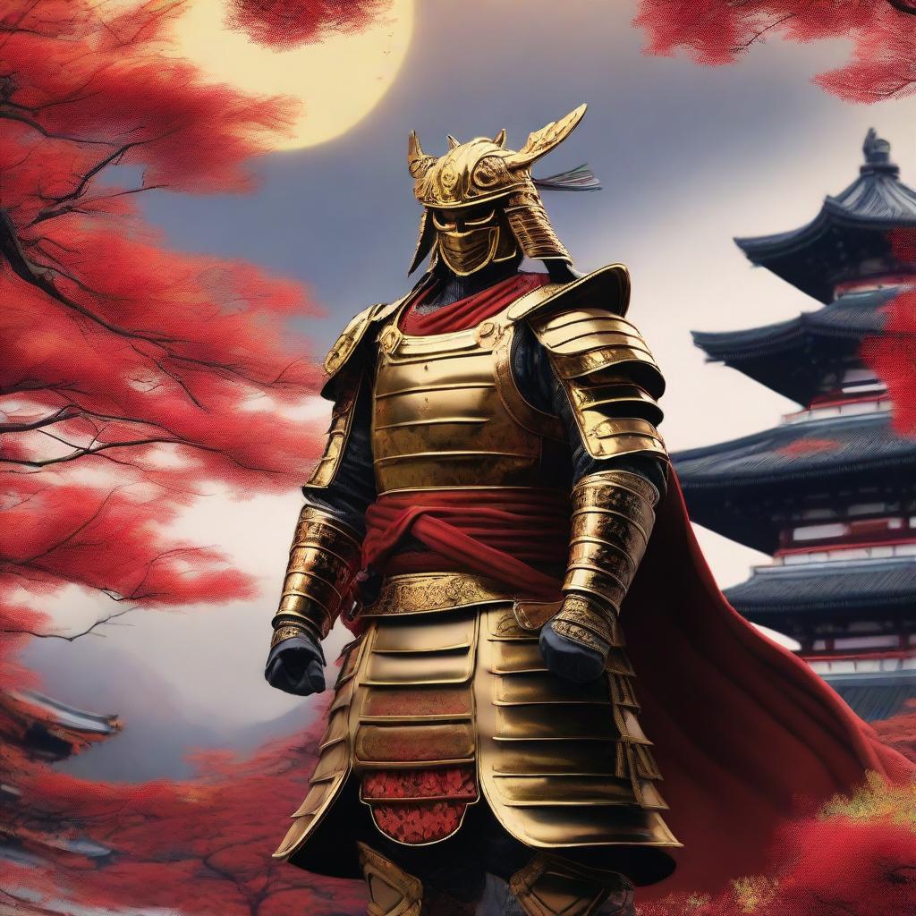 Generate an image of a royal samurai, clad in resplendent armor gleaming gold with vivid red accents