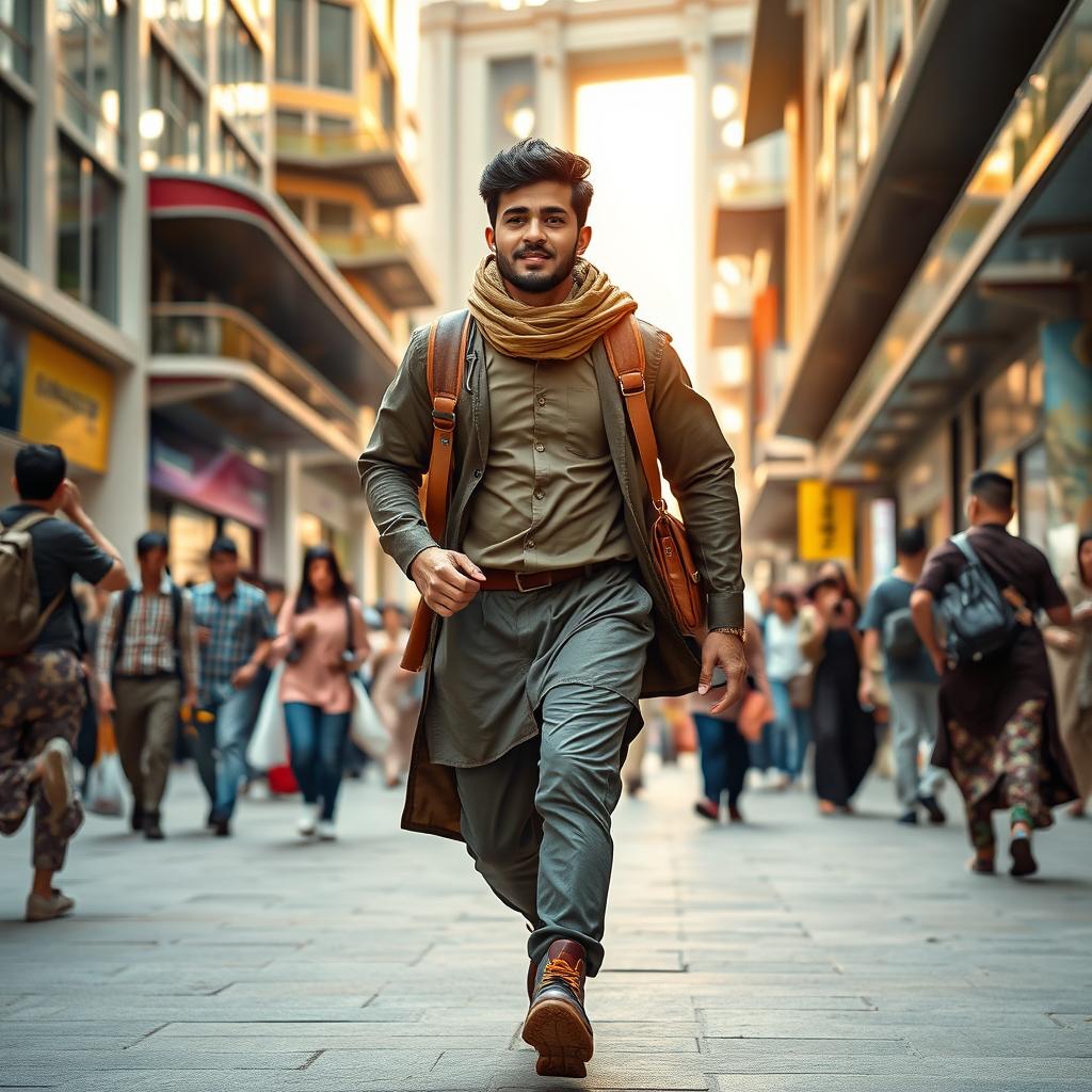 A dynamic and inspiring scene titled 'Wisdom in Motion', depicting a young Muslim man confidently striding forward