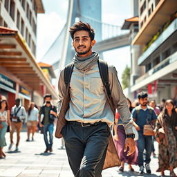 A dynamic and inspiring scene titled 'Wisdom in Motion', depicting a young Muslim man confidently striding forward