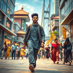 A dynamic and inspiring scene titled 'Wisdom in Motion', depicting a young Muslim man confidently striding forward