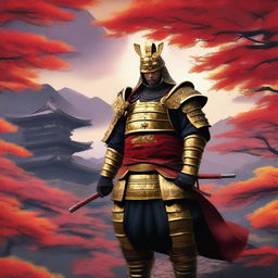 Generate an image of a royal samurai, clad in resplendent armor gleaming gold with vivid red accents