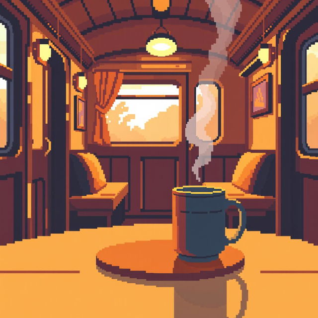 Pixel art of a vibey train carriage with a mug on a cozy table, bathed in warm tones