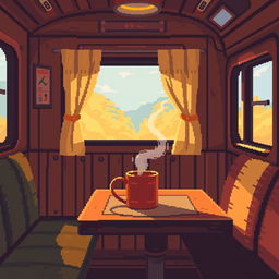 Pixel art of a vibey train carriage with a mug on a cozy table, bathed in warm tones
