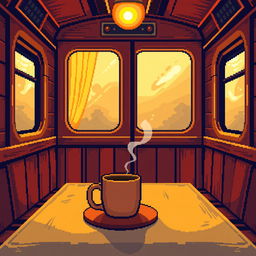 Pixel art of a vibey train carriage with a mug on a cozy table, bathed in warm tones
