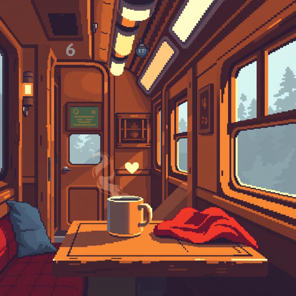 Pixel art of a vibey train carriage with a mug on a cozy table, bathed in warm tones