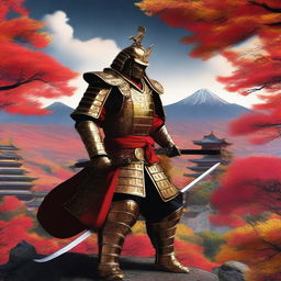 Generate an image of a royal samurai, clad in resplendent armor gleaming gold with vivid red accents