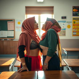 A dramatic and intimate scene depicting two adult women, both wearing colorful Indonesian hijabs along with contemporary bras, engaged in a passionate moment inside a classroom