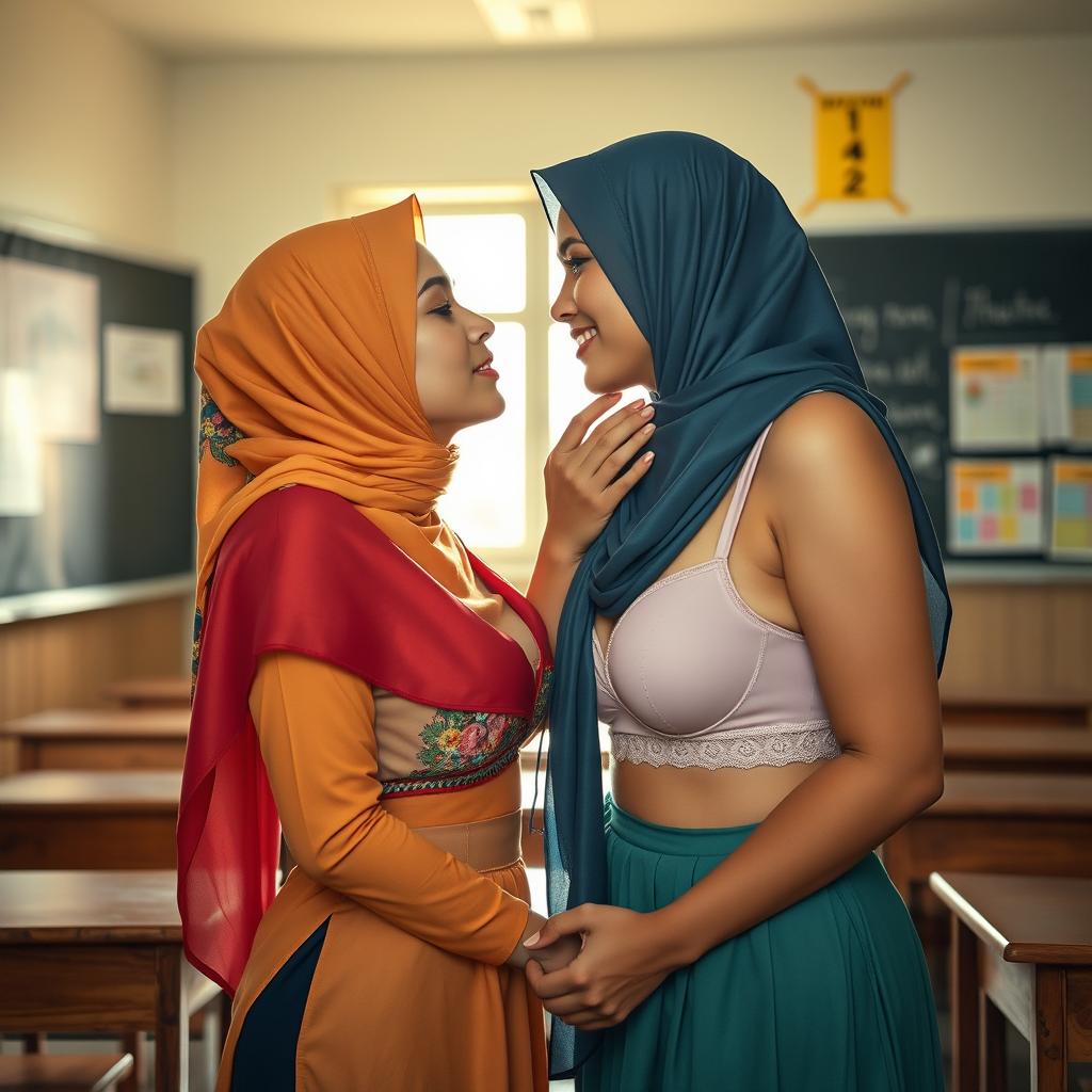 A dramatic and intimate scene depicting two adult women, both wearing colorful Indonesian hijabs along with contemporary bras, engaged in a passionate moment inside a classroom