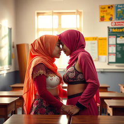 A dramatic and intimate scene depicting two adult women, both wearing colorful Indonesian hijabs along with contemporary bras, engaged in a passionate moment inside a classroom