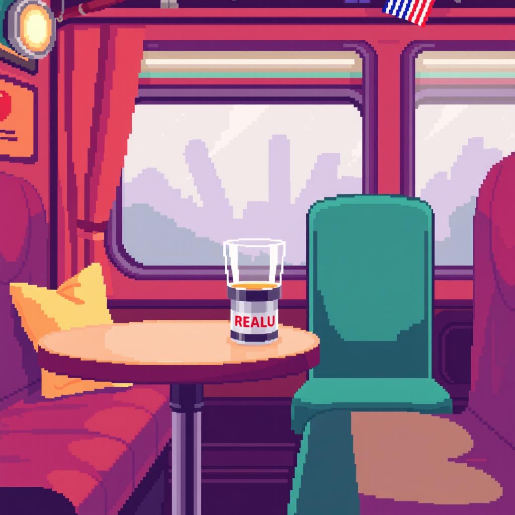 A vibrant pixel art scene of a train carriage interior featuring a cozy table with a glass in a metal cup holder, common in Russian Railways (RZD)