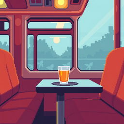 A vibrant pixel art scene of a train carriage interior featuring a cozy table with a glass in a metal cup holder, common in Russian Railways (RZD)