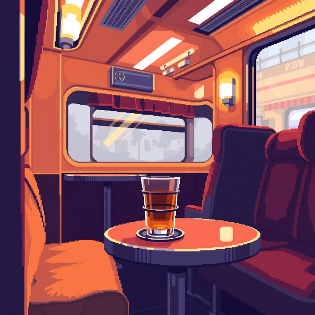 A vibrant pixel art scene of a train carriage interior featuring a cozy table with a glass in a metal cup holder, common in Russian Railways (RZD)