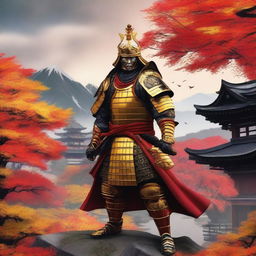 Generate an image of a royal samurai, clad in resplendent armor gleaming gold with vivid red accents