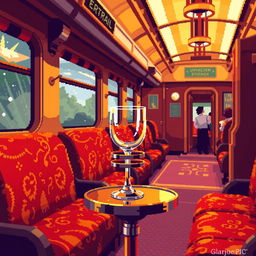 A vibrant pixel art scene of a train carriage, featuring a metallic glass holder with a glass on a small table