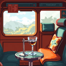 A vibrant pixel art scene of a train carriage, featuring a metallic glass holder with a glass on a small table