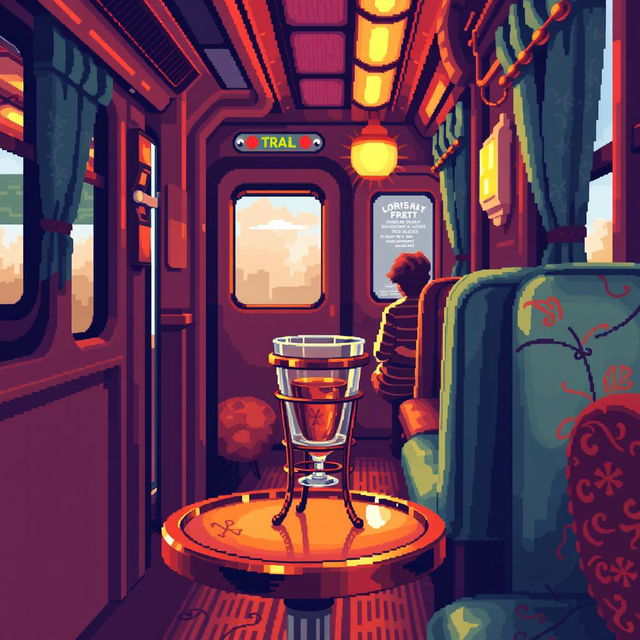 A vibrant pixel art scene of a train carriage, featuring a metallic glass holder with a glass on a small table